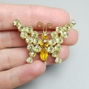 Vintage Orange and Yellow Rhinestone Butterfly Brooch, Prong Set, Insect Wings